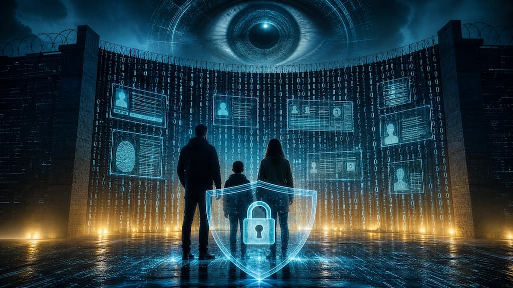A family standing in front of a wall of biometric IDs behind a surveillance eye — France's age verification